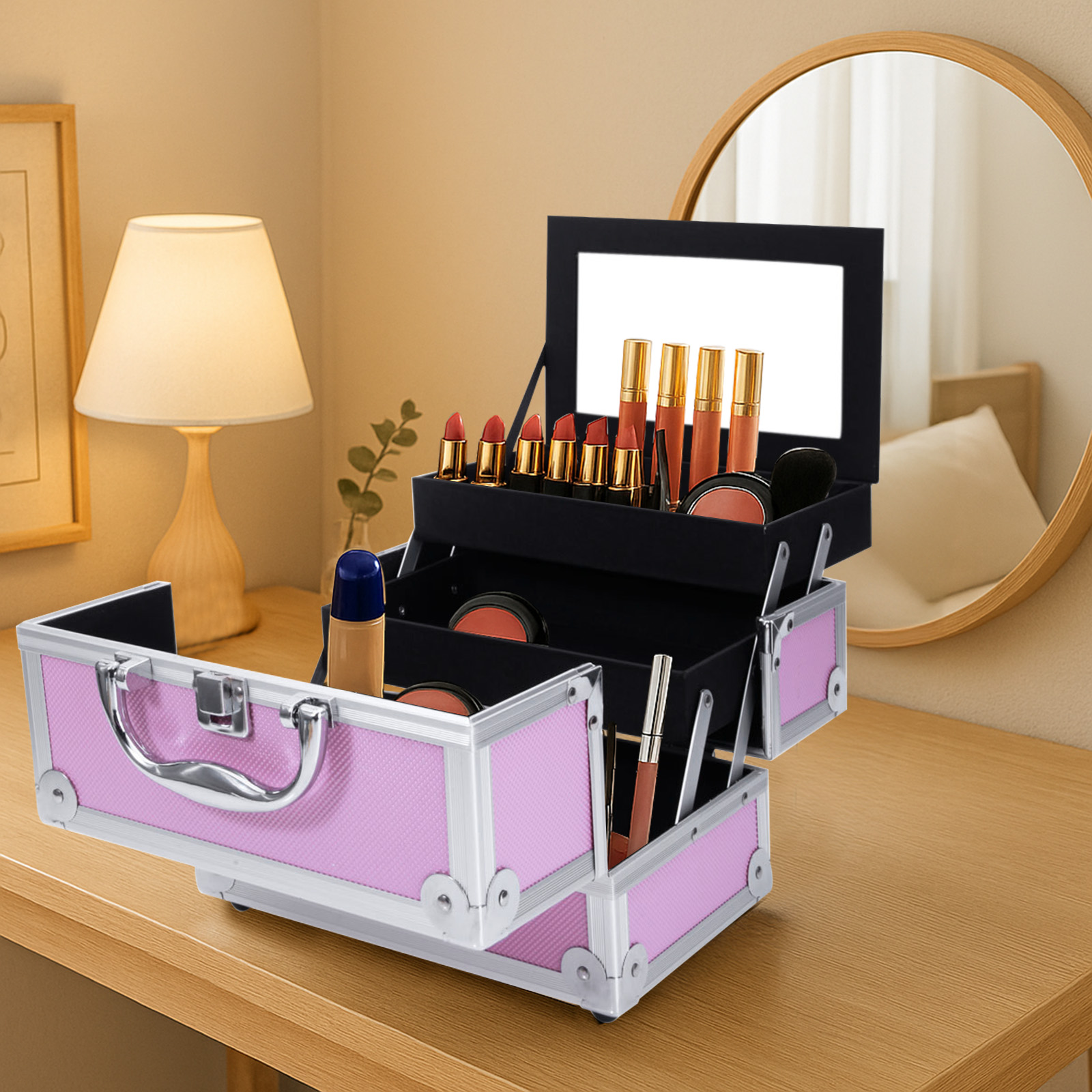 Beauty Makeup Organizer - Pink Aluminum Alloy Makeup Case, Double