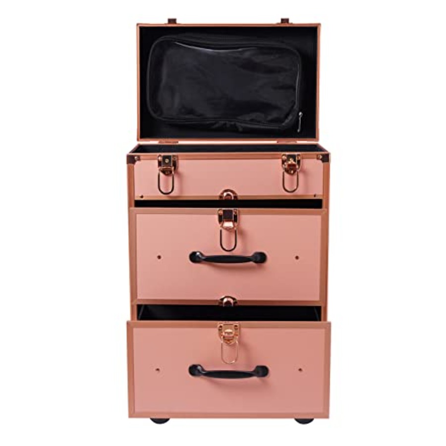 Beauty Makeup Organizer - 3-Tier Aluminum Rolling Makeup Case Golden